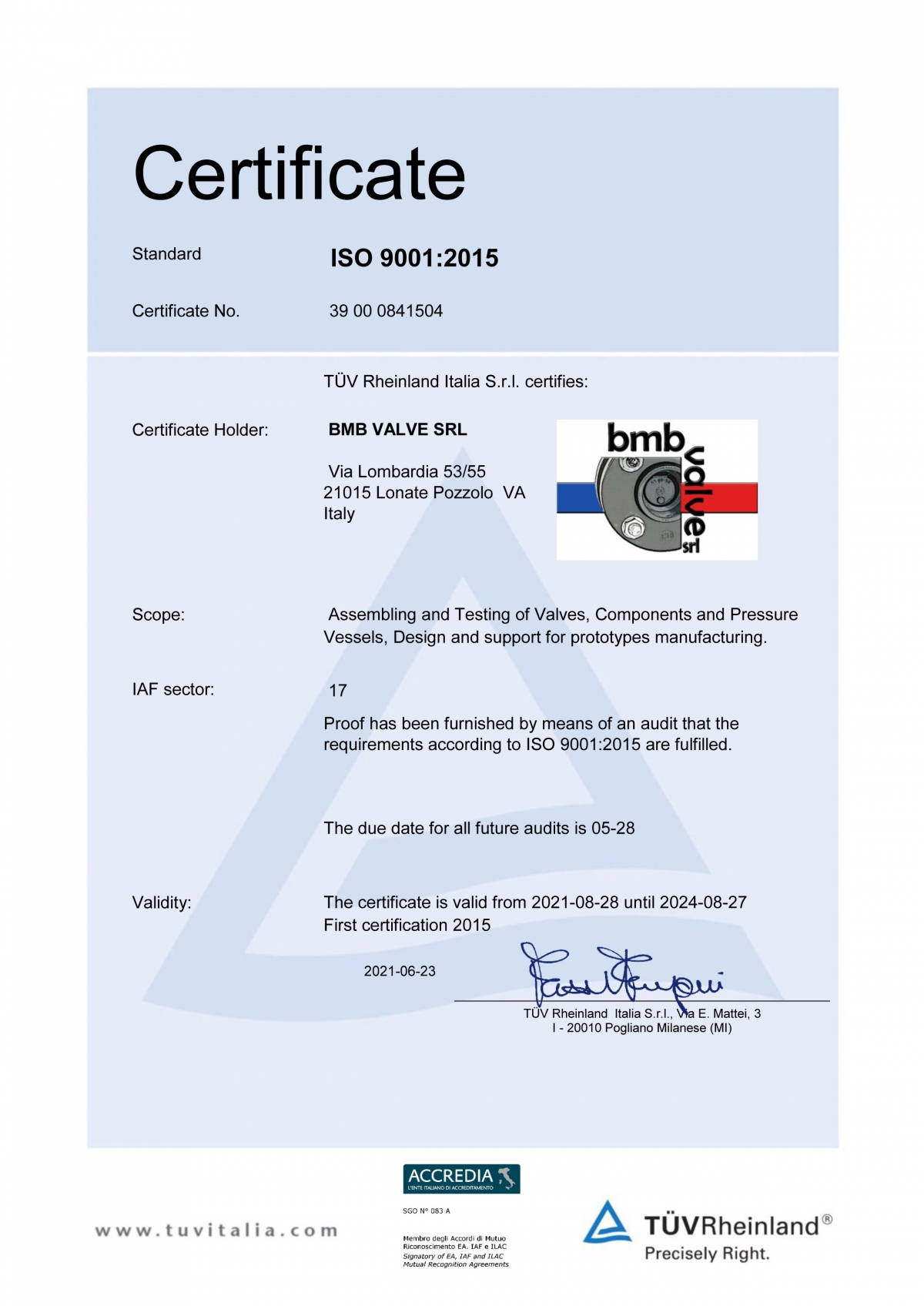 BMB Valve - The Company - ISO 9001 certification