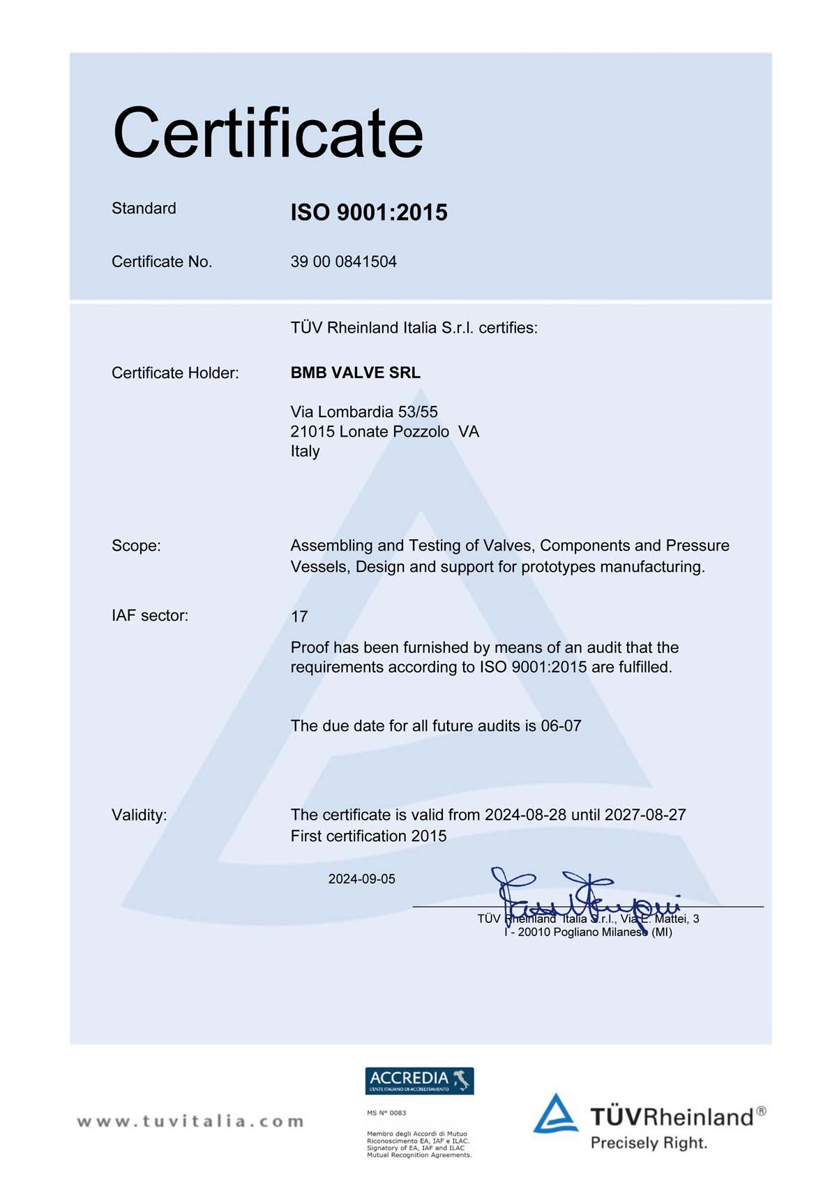 BMB Valve - Azienda - Certificazione ISO 9001