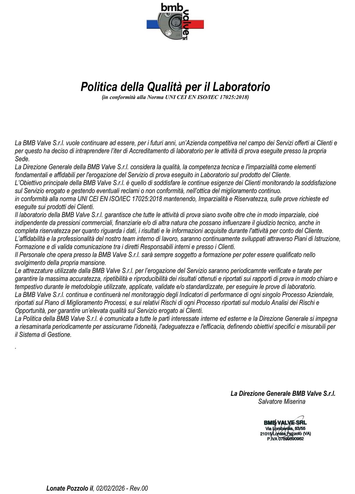 BMB Valve - Azienda - Politica della Qualita' Laboratorio